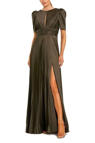 Mac Duggal Mac Duggal Pleated Charmeuse Puff Sleeve Evening Gown With Slit
