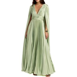 Mac Duggal Mac Duggal Pleated Charmeuse V-Neck Gown with Cape Sleeves