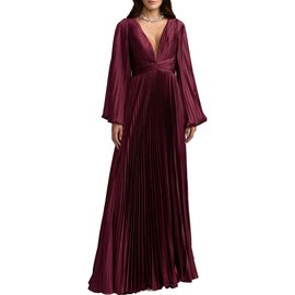 Mac Duggal Mac Duggal Pleated Satin Long Sleeve Gown