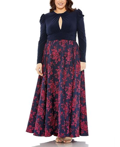 Mac Duggal Mac Duggal Plus Long Sleeve Keyhole Knot Neck Brocade Floral Detail Bottom Gown
