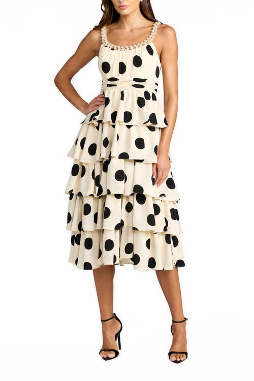 Mac Duggal Mac Duggal Polka Dot Charmeuse Scoop Neck Ruffle Midi Dress