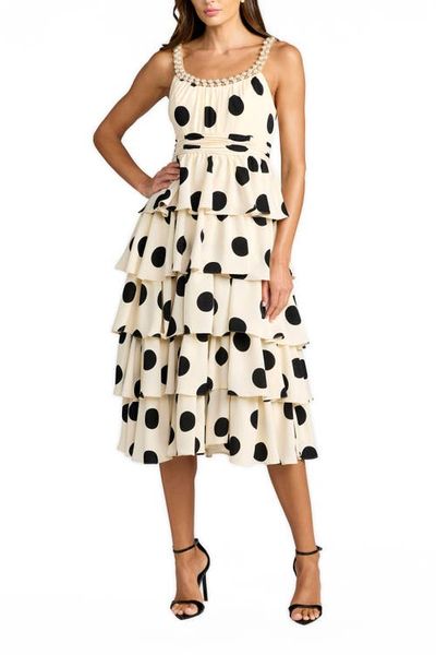 Mac Duggal Mac Duggal Polka Dot Charmeuse Scoop Neck Ruffle Midi Dress