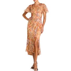 Mac Duggal Mac Duggal Printed Mesh Flutter Sleeve Faux Wrap Midi Dress
