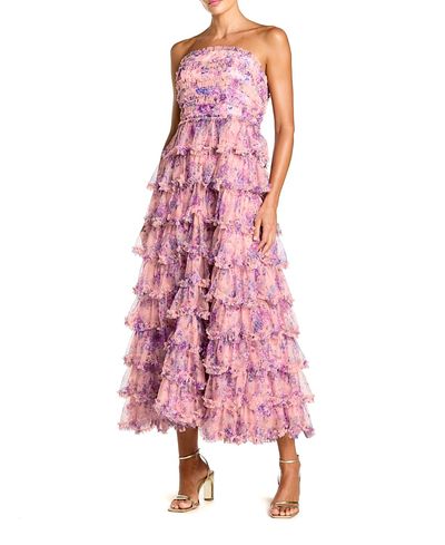 Mac Duggal Mac Duggal Printed Mesh Strapless Ruffle A Line Midi Dress