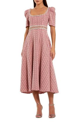 Mac Duggal Mac Duggal Puff Sleeve Boucle Midi Dress With Beaded Belt