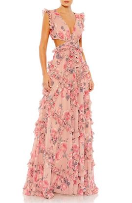 Mac Duggal Mac Duggal Ruffled Cut Out Cap Sleeve V Neck Gown