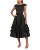 Mac Duggal Mac Duggal Satin Cap Sleeve A Line Midi Dress With 3D Flowers - 1