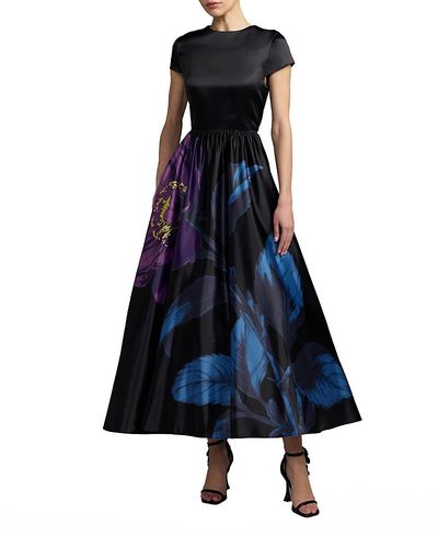 Mac Duggal Mac Duggal Satin Cap Sleeve Floral Printed A-Line Dress
