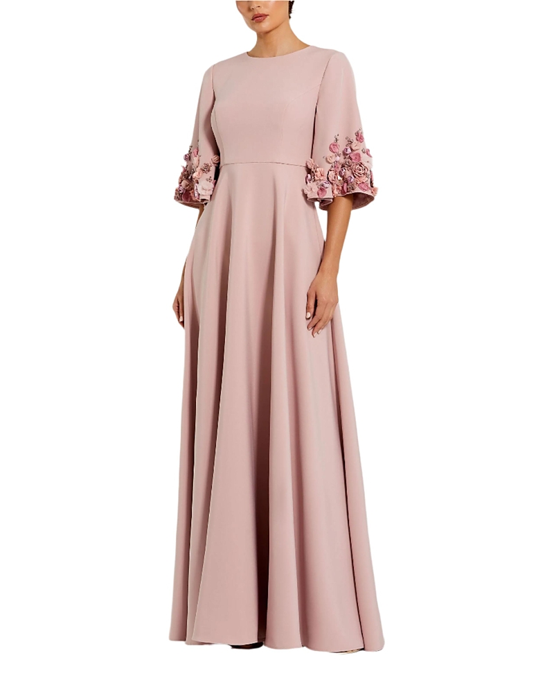 Mac Duggal Mac Duggal Satin Elbow Sleeve Gown with Flower Trim