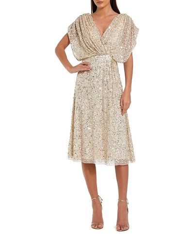 Mac Duggal Mac Duggal Sequin Draped Sleeve V-Neck Midi Dress