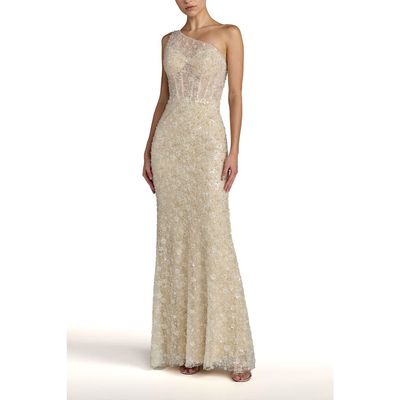 Mac Duggal Mac Duggal Sequin Floral Sheer One Shoulder A Line Gown