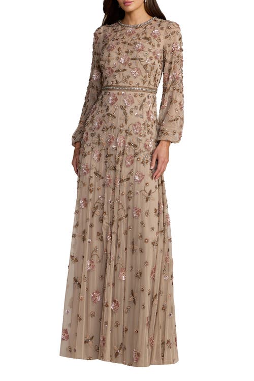 Mac Duggal Mac Duggal Sequin Mesh Blouson Long Sleeve A Line Gown