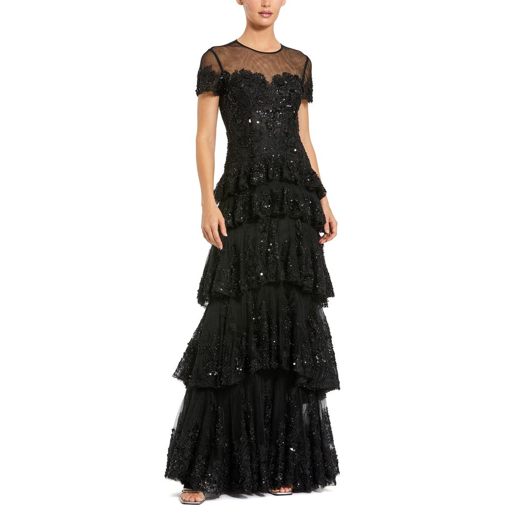 Mac Duggal Mac Duggal Short Sleeve Tiered Mesh Gown With Embellishments