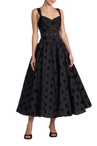 Mac Duggal Mac Duggal Sleeveless Polka Dot Belted Midi Dress