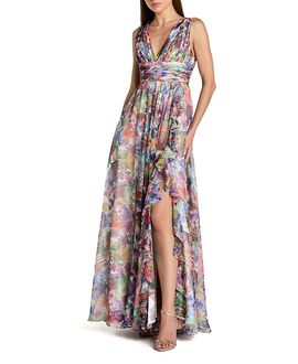 Mac Duggal Mac Duggal Sleeveless Printed Chiffon V Neck Ruched Gown