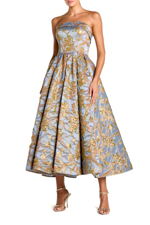 Mac Duggal Mac Duggal Strapless Floral Brocade Midi Dress with Pockets