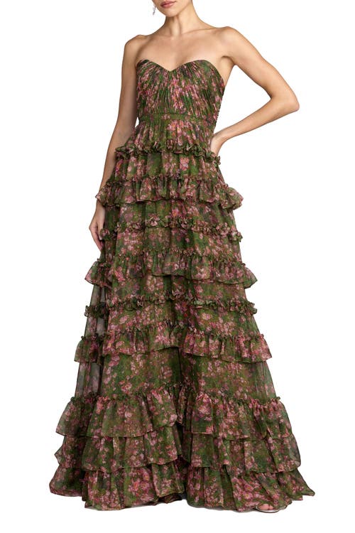 Mac Duggal Mac Duggal Strapless Floral Print Tiered Ruffle Ball Gown