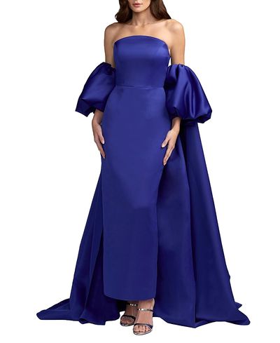 Mac Duggal Mac Duggal Strapless Puff Sleeve Satin Gown With Cape