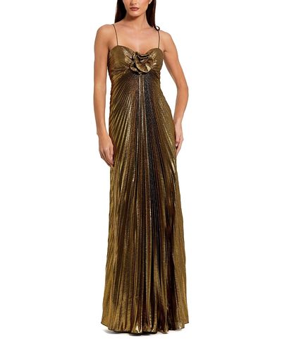 Mac Duggal Mac Duggal Thin Strap Pleated Metallic Gown with 3D Flower