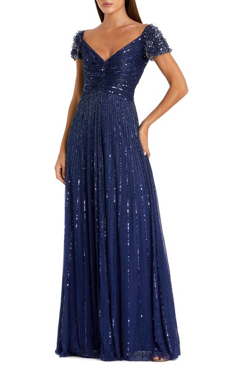 Mac Duggal Mac Duggal Women's Beaded Cap Sleeve V-Neck A-Line Evening Gown
