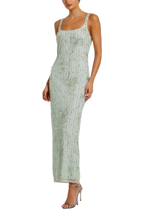 Mac Duggal Mac Duggal Women's Beaded Mesh Scoop Neck Fitted Gown With Bows