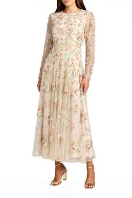 Mac Duggal Mac Duggal Women’s Floral Beaded Long Sleeve A-Line Maxi Dress