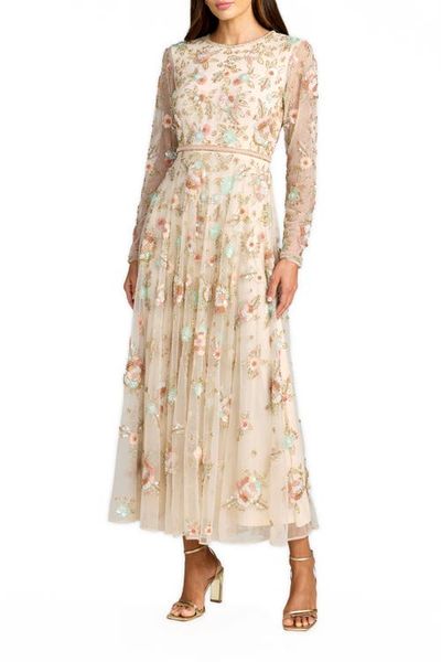 Mac Duggal Mac Duggal Women’s Floral Beaded Long Sleeve A-Line Maxi Dress