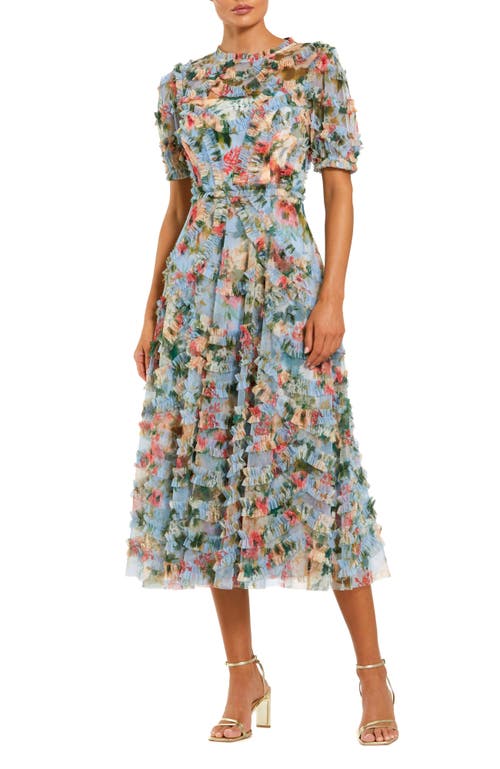 Mac Duggal Mac Duggal Women's Floral Printed Mesh Ruffle High Neck Midi Dress