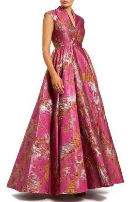Mac Duggal Mac Duggal Women's Metallic Jacquard Ball Gown with Shawl Collar