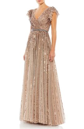 Mac Duggal Mac Duggal Women's Sequined Wrap Over Ruffled Cap Sleeve Gown