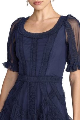 Mac Duggal Mac Duggal Women's Short Sleeve Mesh Mirco Ruffle Midi Dress