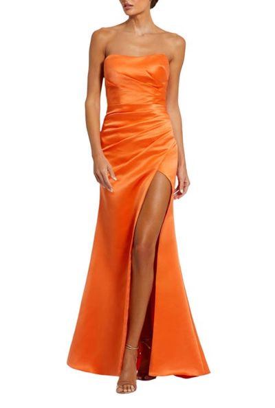 Mac Duggal Mac Duggal Women's Strapless Ruched Satin Gown with High Slit