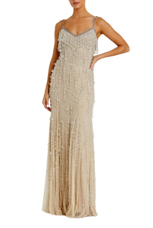Mac Duggal Mac Duggal Women's V-Neck Net Gown with Thin Straps and Elegant Embellishments