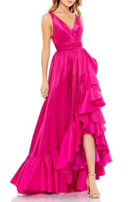 Mac Duggal Mac Duggal Women's V-Neck Ruffled High-Low Taffeta Evening Gown