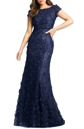 Mac Duggal Mac Duggal Women'sFloral Applique Boat Neck Cap Sleeve Gown