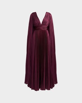 Mac Duggal Metallic Pleated Charmeuse Cape Gown