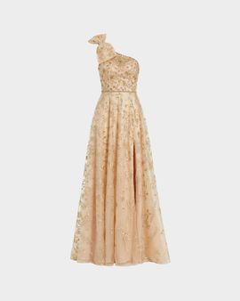 Mac Duggal One-Shoulder Embroidered Mesh Gown