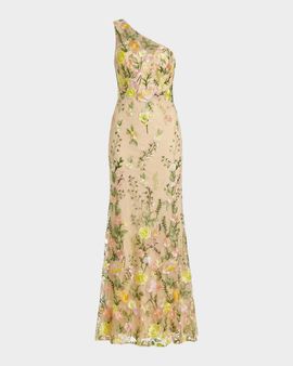 Mac Duggal One-Shoulder Floral-Embroidered Mermaid Gown