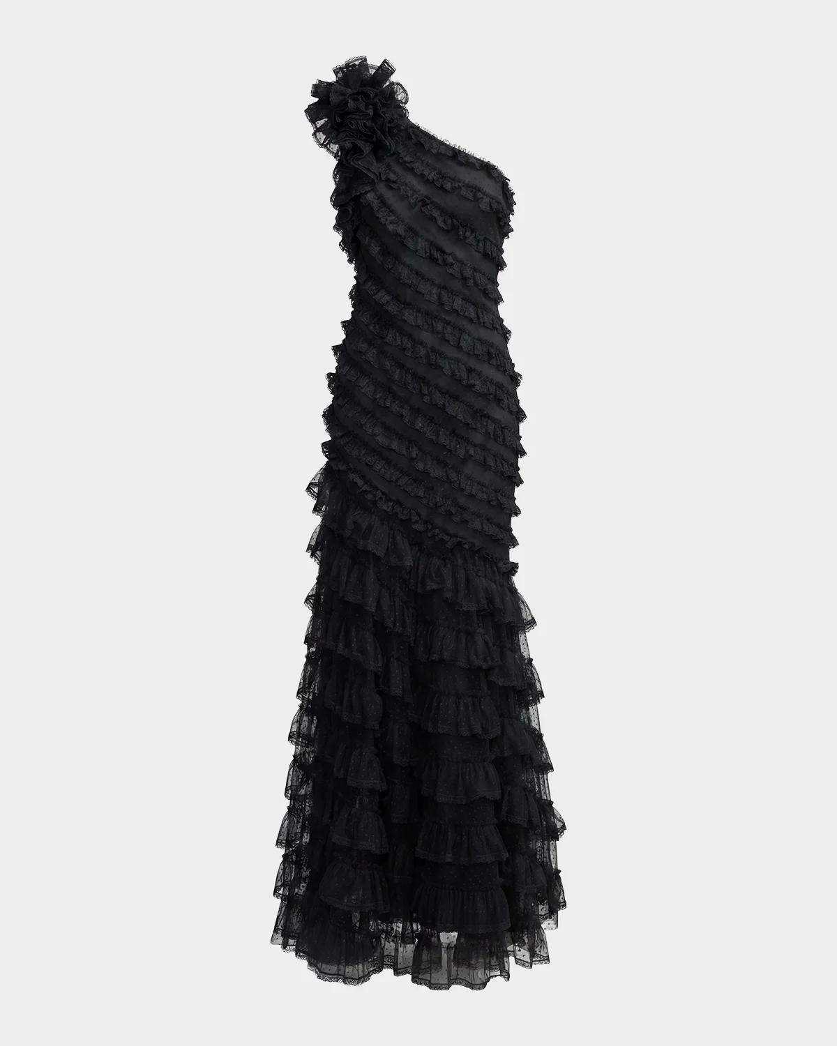 Mac Duggal One-Shoulder Mesh-Lace Trumpet Gown