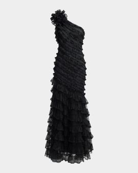 Mac Duggal One-Shoulder Mesh-Lace Trumpet Gown