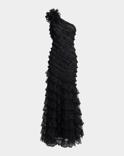 Mac Duggal One-Shoulder Mesh-Lace Trumpet Gown