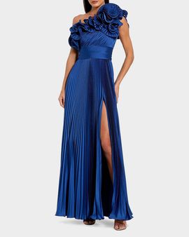 Mac Duggal One-Shoulder Pleated Charmeuse Ruffle Gown