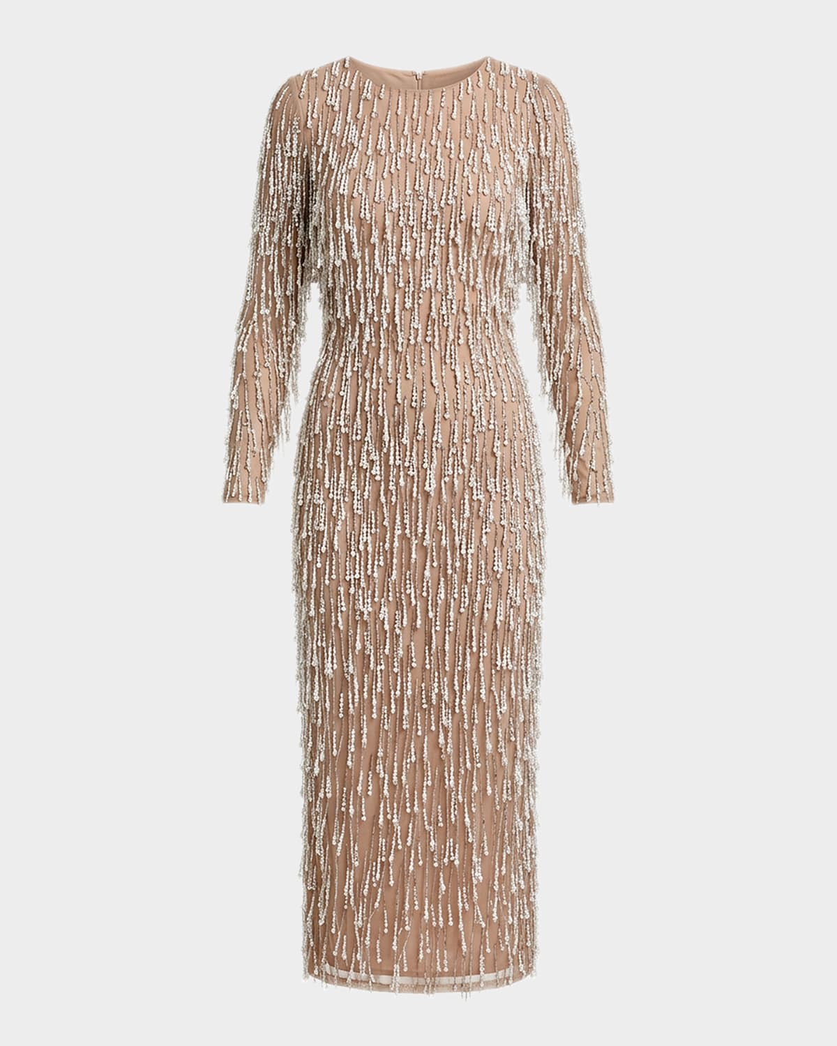 Mac Duggal Pearly Fringe Mesh Long-Sleeve Midi Dress