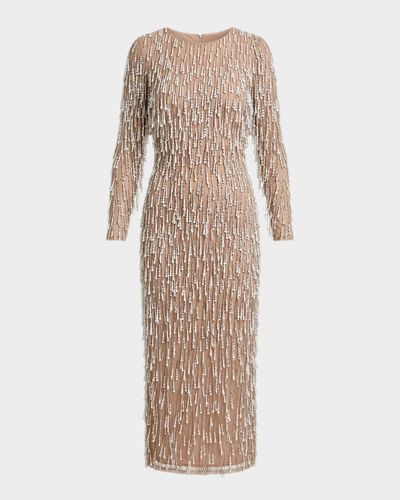 Mac Duggal Pearly Fringe Mesh Long-Sleeve Midi Dress