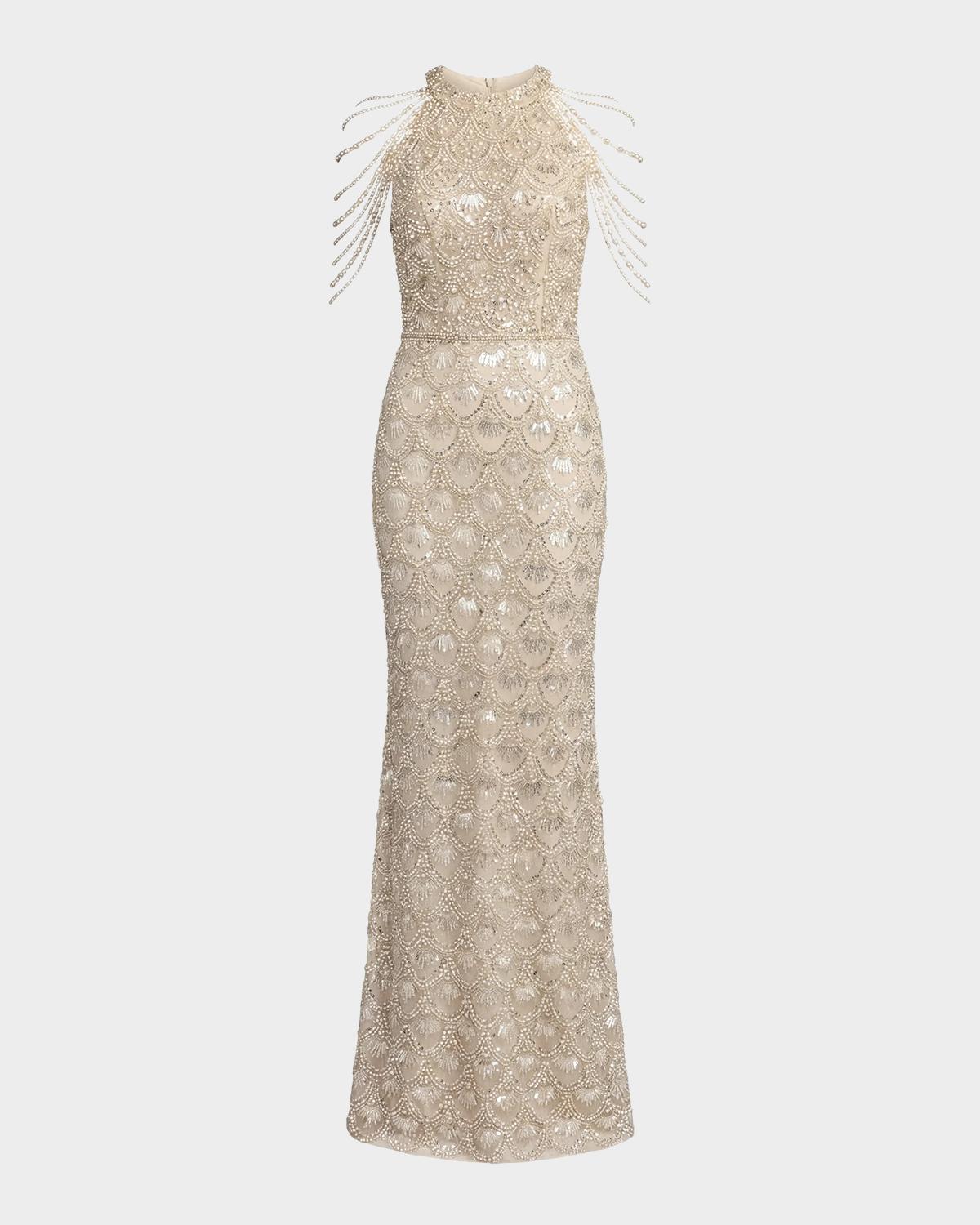 Mac Duggal Petite Draped Beaded Column Gown