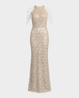 Mac Duggal Petite Draped Beaded Column Gown