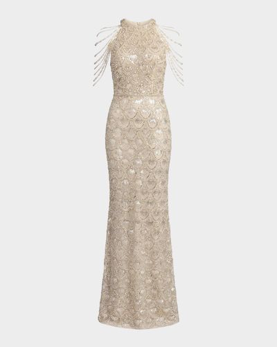 Mac Duggal Petite Draped Beaded Column Gown