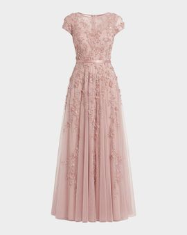 Mac Duggal Petite Floral Applique Cap-Sleeve A-Line Gown