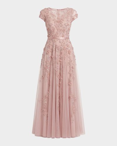 Mac Duggal Petite Floral Applique Cap-Sleeve A-Line Gown