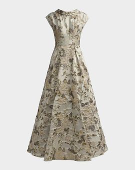 Mac Duggal Pleated Floral Brocade A-Line Gown